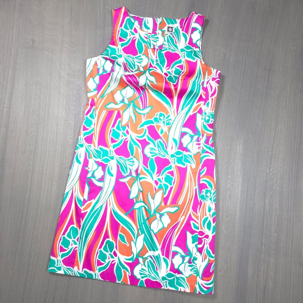Anne Klein Womens Pink Orange Teal Tropical Floral Shift Dress Size 6 Pockets